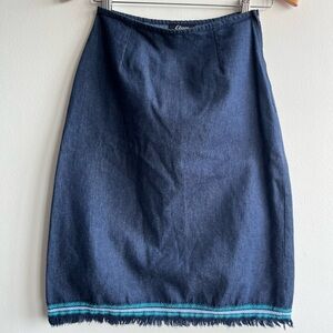 Vintage Etam Navy Denim Pencil Skirt with Fringe Hem